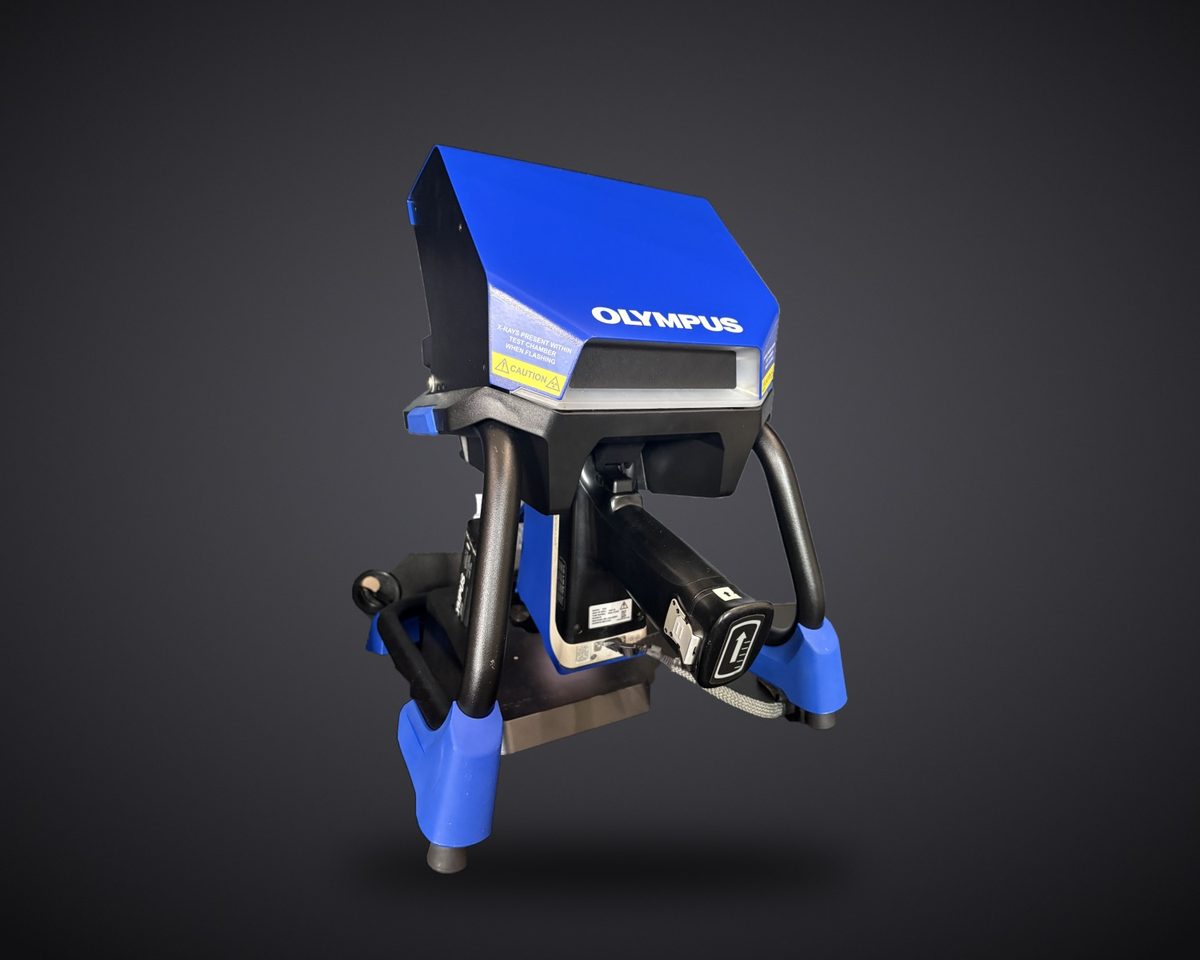 Olympus Vanta XRF analyzer set in its closed test stand