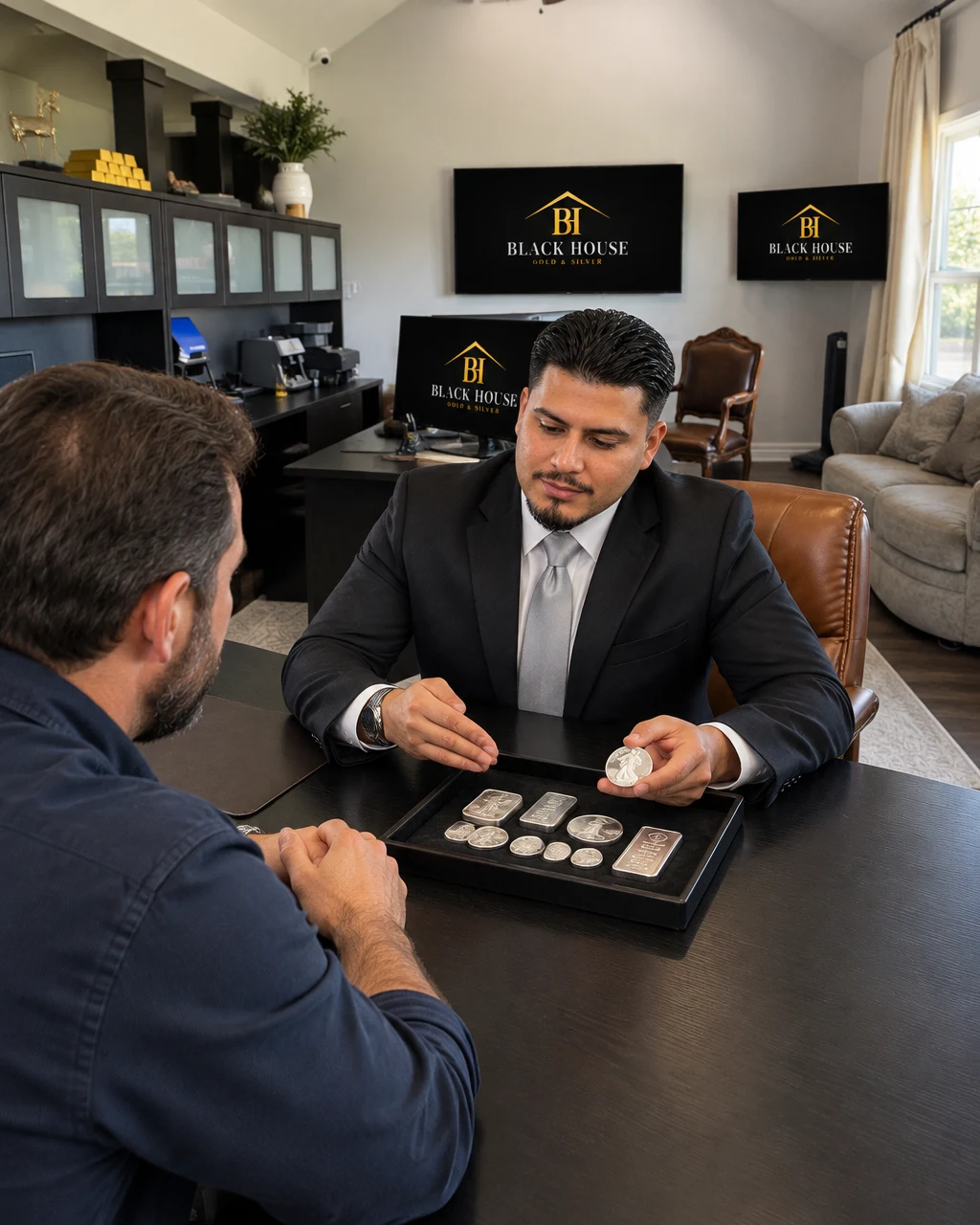 Illustrative scene of Jefferson reviewing silver coins and bars with a customer.