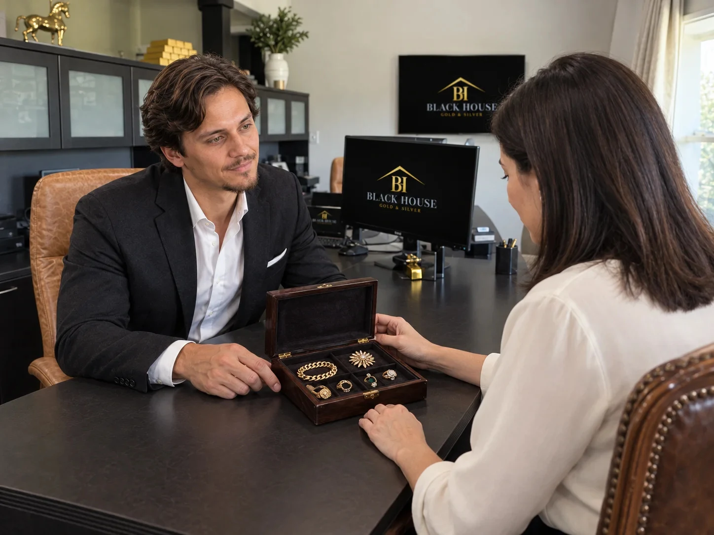 Illustrative scene of Thomas Silva Jr. reviewing estate jewelry with a customer.