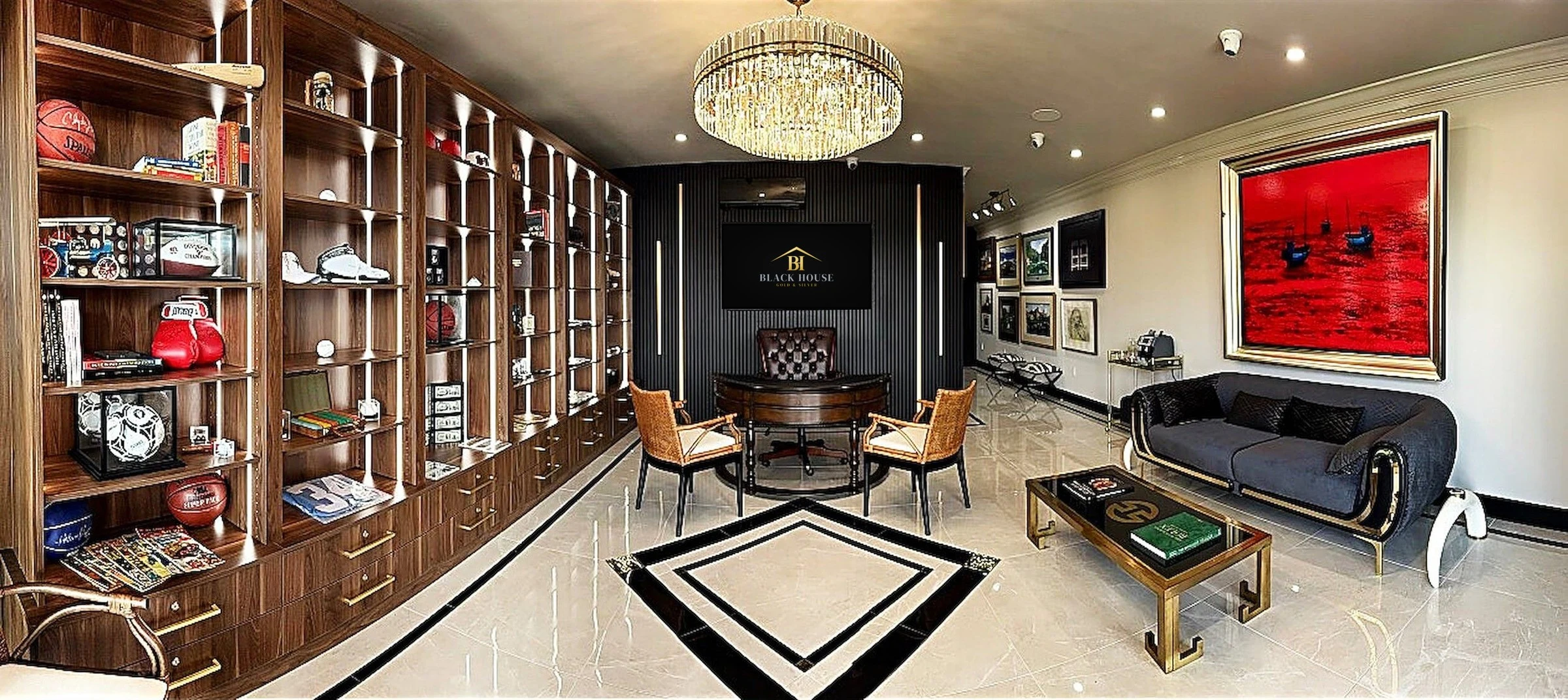 A full panoramic view of the Collector's Lounge inside the Black House.