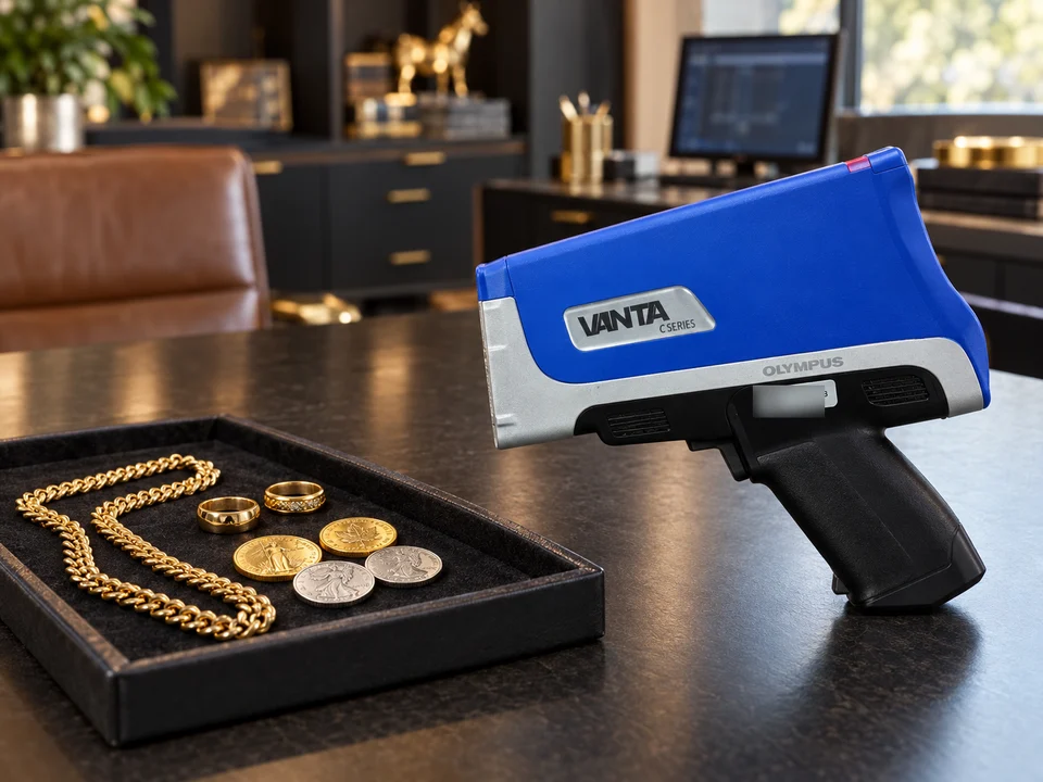 Illustrative setup of an Olympus Vanta analyzer beside gold jewelry and coins.