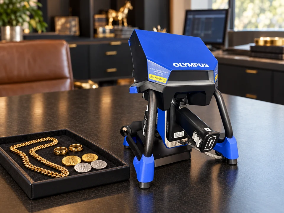 Illustrative setup of the Vanta Work Station beside a tray of precious-metal jewelry.