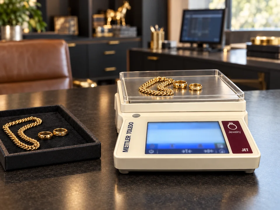 Illustrative setup of a Mettler Toledo JET balance with gold jewelry on the weighing pan.