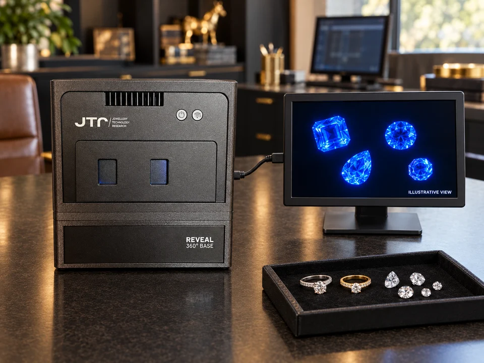 Illustrative setup of the original JTR Reveal with jewelry and a clearly labeled illustrative blue monitor view, not an actual test result.
