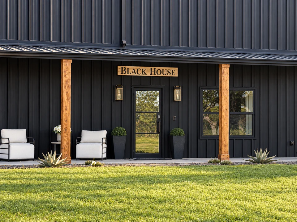 AI-enhanced close view of the Black House entrance and sign.