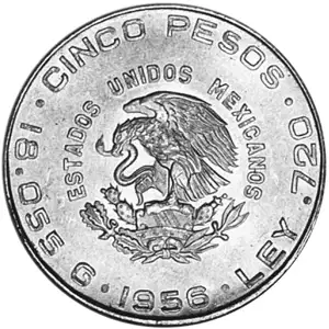 1955-1957 Mexican 5 Peso Silver Hidalgo