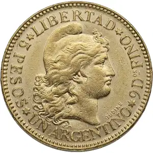 Argentino 5 Peso Gold Coin (1881-1896 Dates)